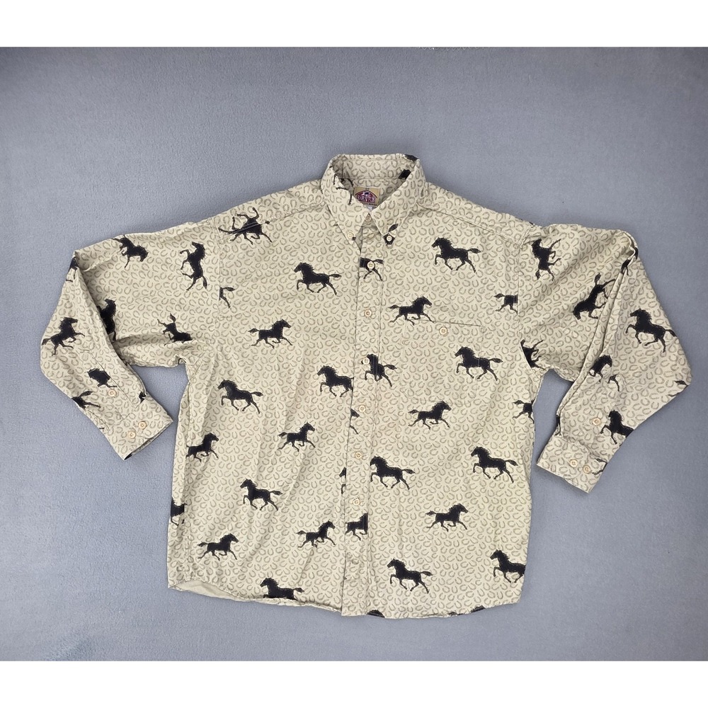 Vintage Barn Fly Western Shirt Medium Button Up All Over Print Horse 90s Cowboy